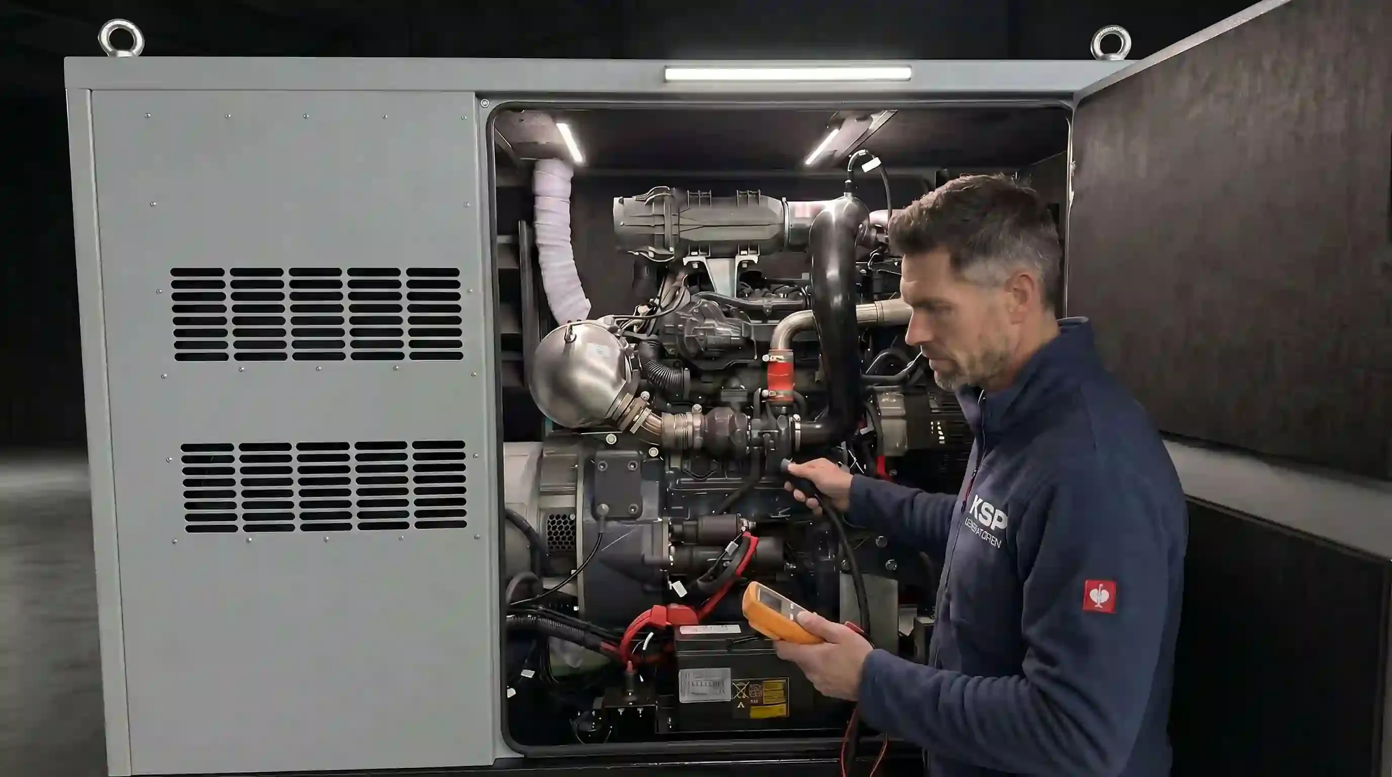 Servicetechniker von KSP bei der Wartung eines Notstromaggregats